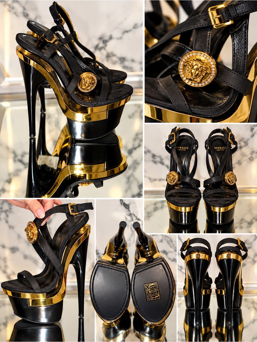 Versace Black and Gold High-Platform Medusa Sandals